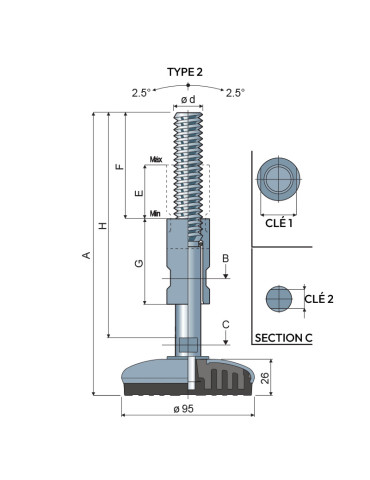 Stainless steel Adjustable foot 103 diam.95 - Type 2