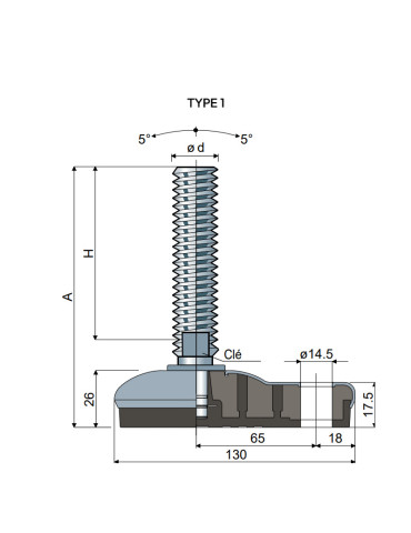 Stainless steel foot 95x130 angle +/- 5°