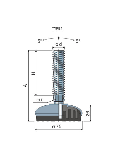 Stainless steel foot Ø 75 angle +/- 5°
