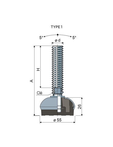 Stainless steel foot Ø 55 angle +/-5°