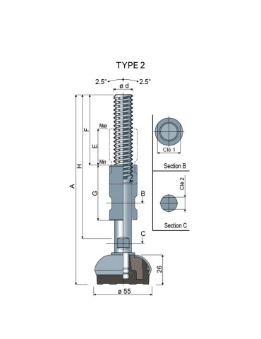 Stainless steel foot Ø 55 angle +/- 2.5°
