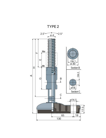 Stainless steel foot 95x130 angle +/- 2.5°