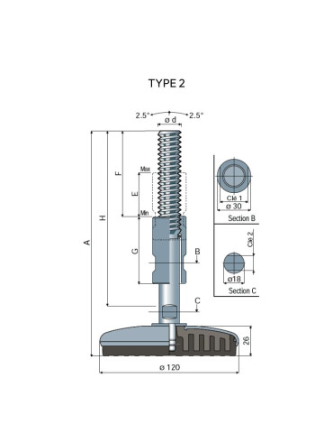 Stainless steel foot Ø 120 angle +/- 2.5°