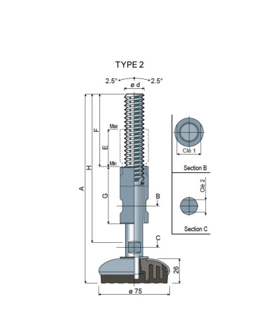 Stainless steel foot Ø 75 angle +/- 2.5°