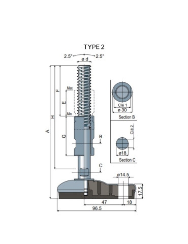 Stainless steel foot 65x96mm angle +/- 2.5°