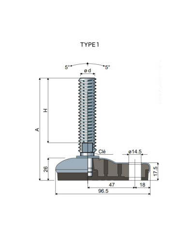 Stainless steel foot 65x96mm angle +/- 5°