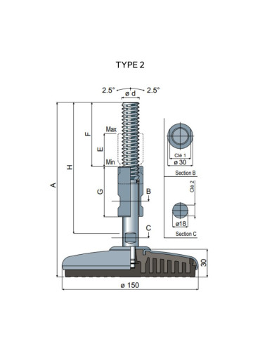Stainless steel Adjustable foot Ø 150 angle +/- 2.5°